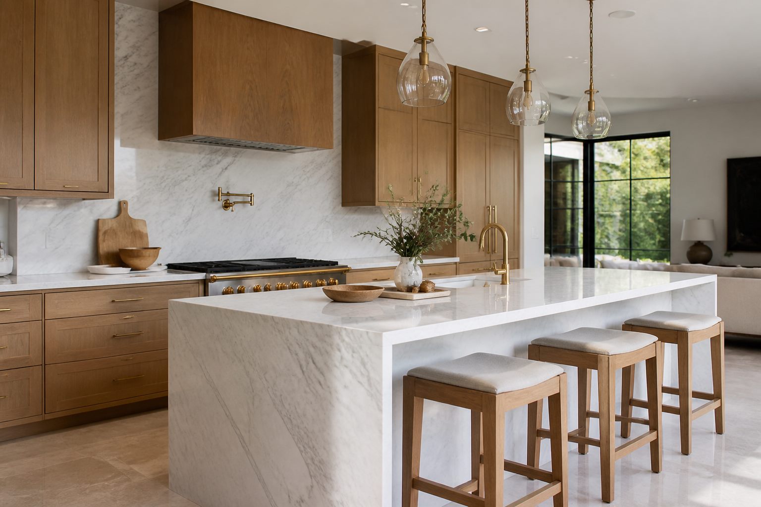 Modern home kitchen with white marble island