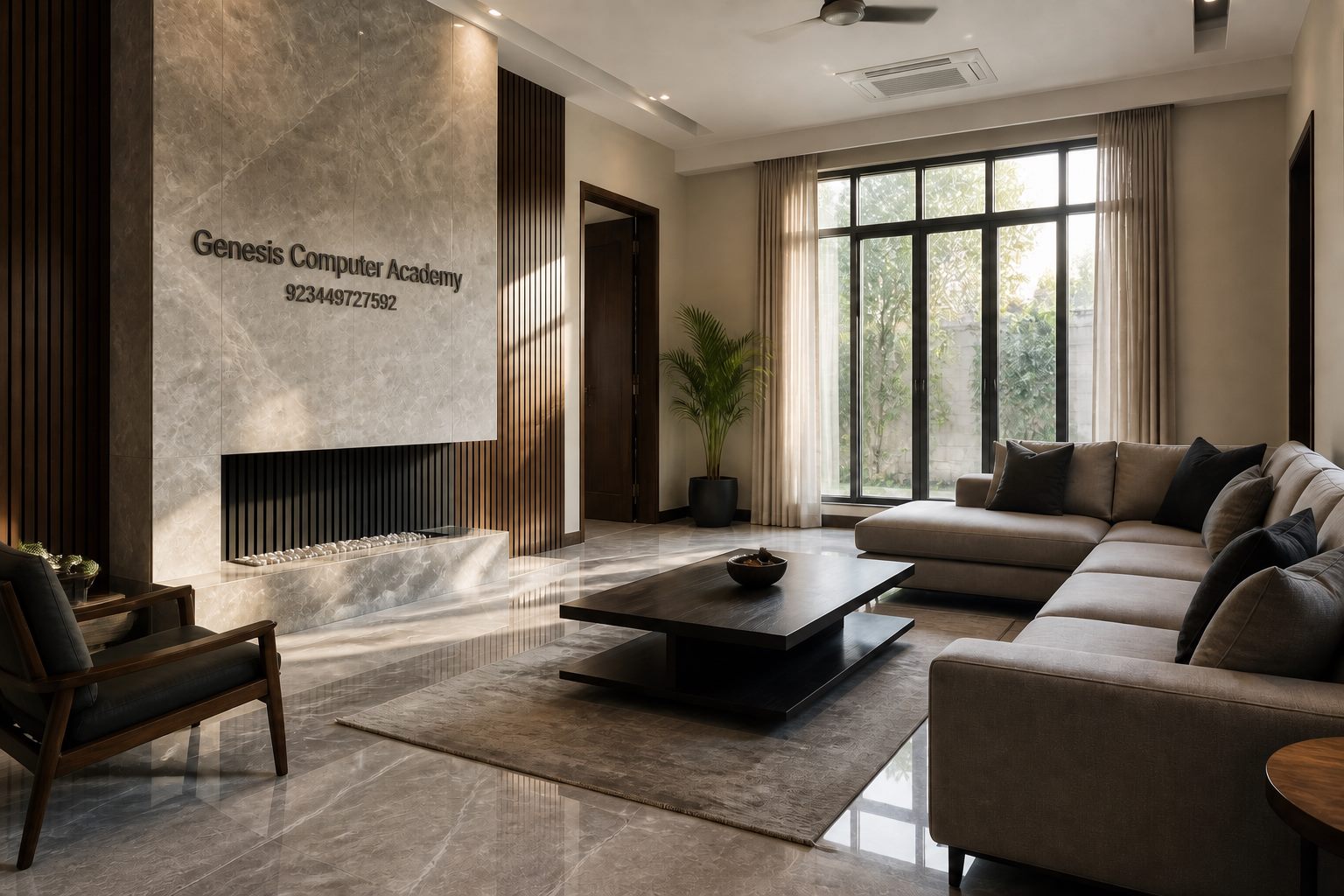 Grey marble living room with Genesis Computer Academy wall sign